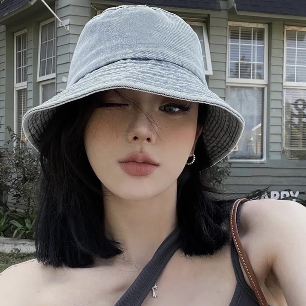 Chapéu Bucket  Adulto Jeans Regulagem Unissex Pescador Proteção Solar Moda