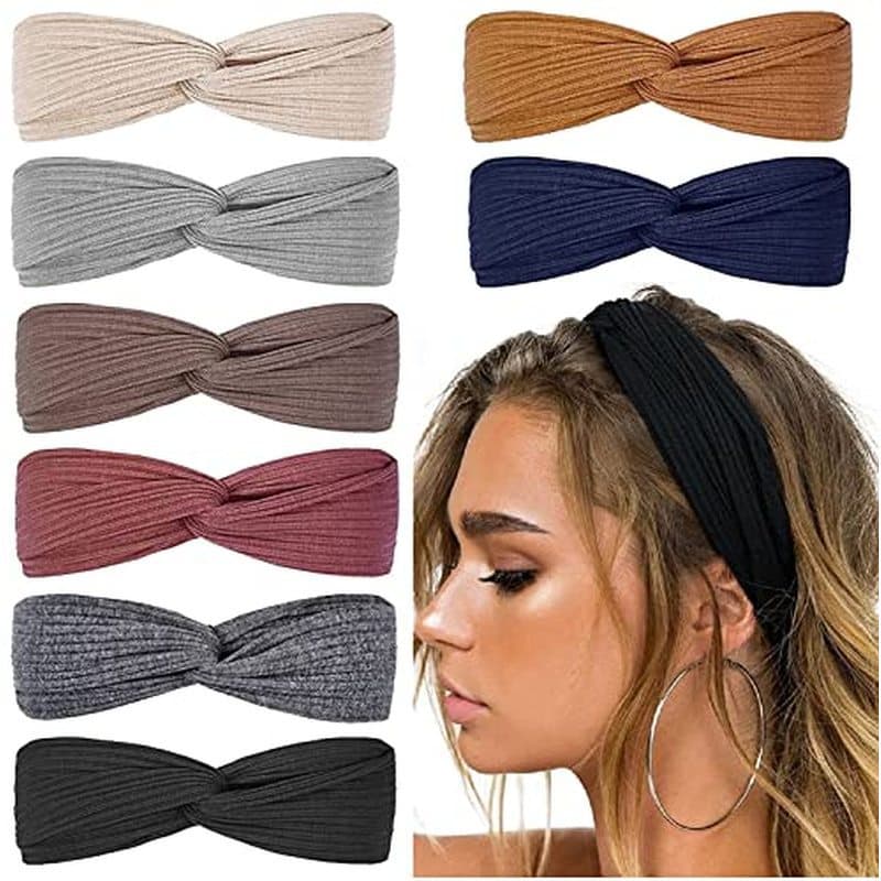 Faixa De Cabelo Huachi Para Feminino , 8 Peças De Tiaras Elásticas Mulheres , Cor Sólida , Tricô Canelado , Macio , Anti