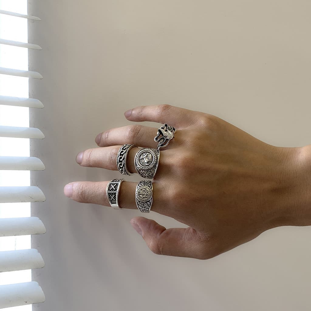 Anel masculino conjunto de 5 peças anel de Metal moderno estilo retrô legal Design bonito Totem geometria