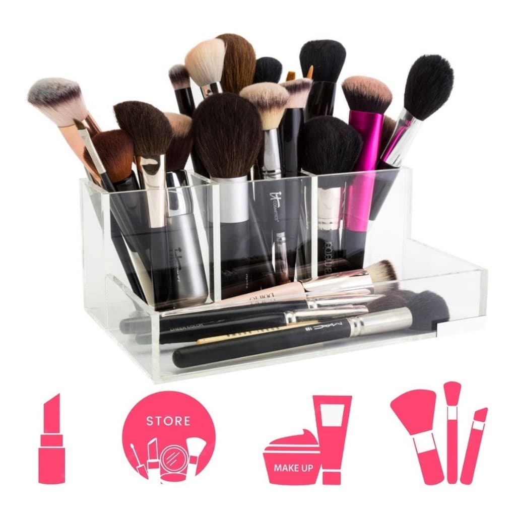 Organizador de Maquiagem Acrílico Transparente c/ Divisórias p/ Batom Pincel Paleta e Cosméticos