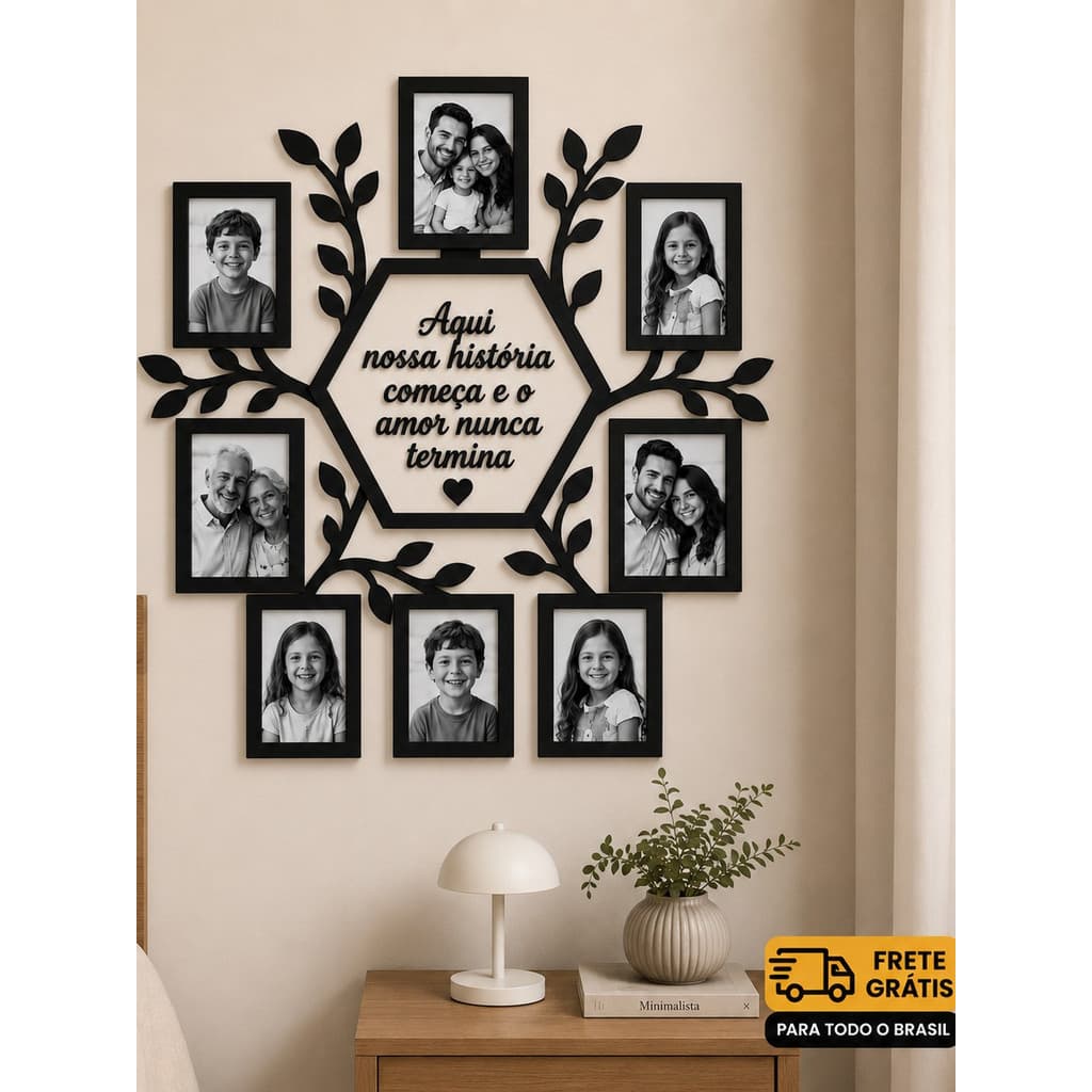 Quadro de 8 Fotos Família - Porta Retratos em MDF 10x15 – Quadro Decorativo