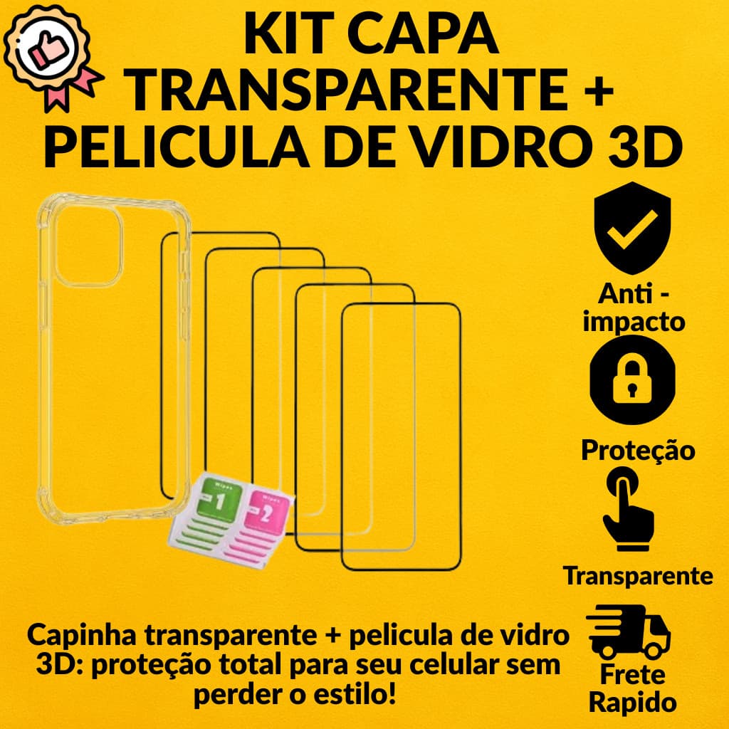 KIT Capa Anti Shock transparente+Pelicula Vidro 3D para Moto G04 G05 G15 G35 G75 G10 G20 G13 G14 G23 G22 G31 G32 G42 G51