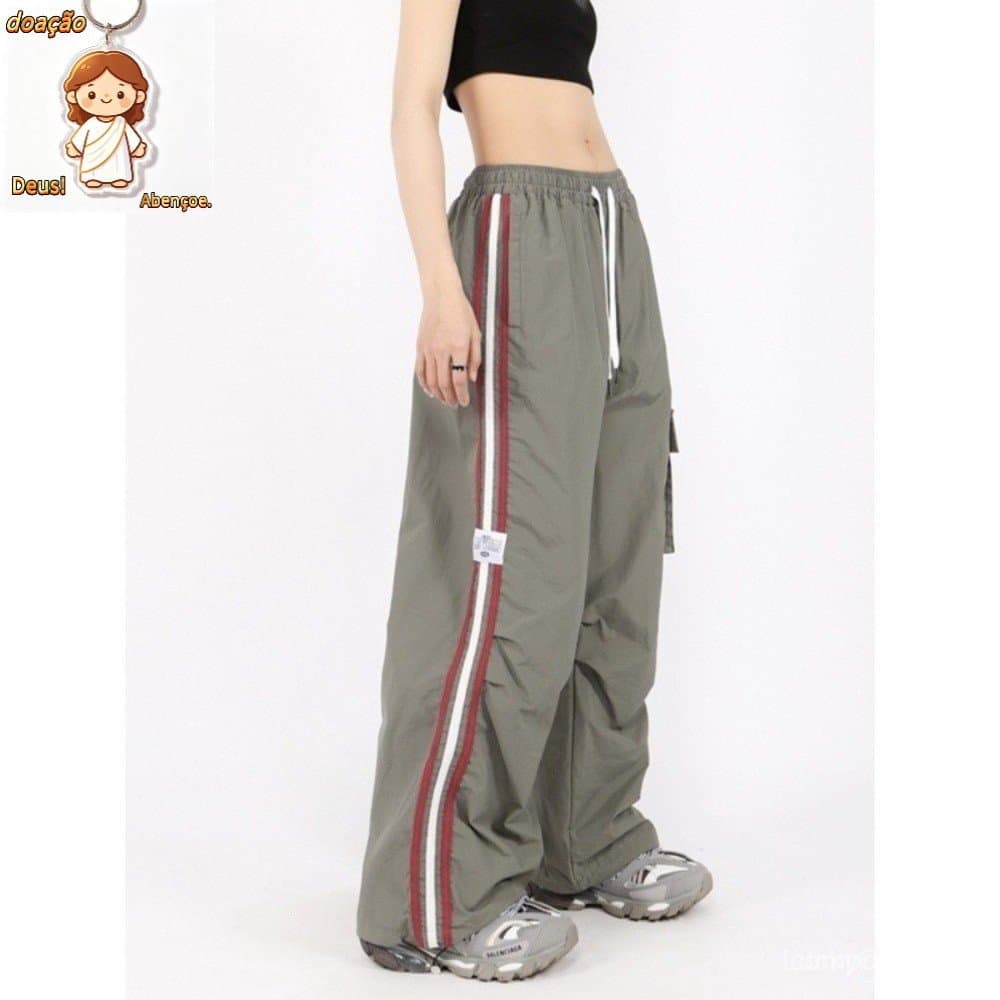 Moda Y2K Kpop Mulheres Calças de Carga Bolso Perna Larga Punk Chic Listrado Esportes Parachute Jogger