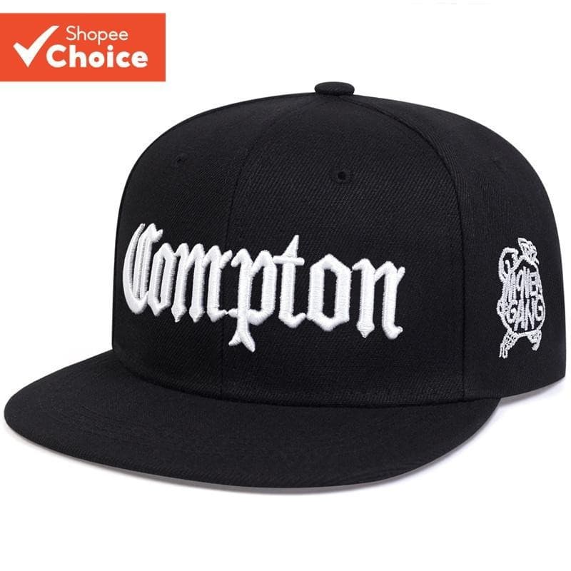 Boné Elegante Compton Bordado de Aba Reta: Boné unissex de aba reta estilo hip-hop com viseira, adequado para todas as o