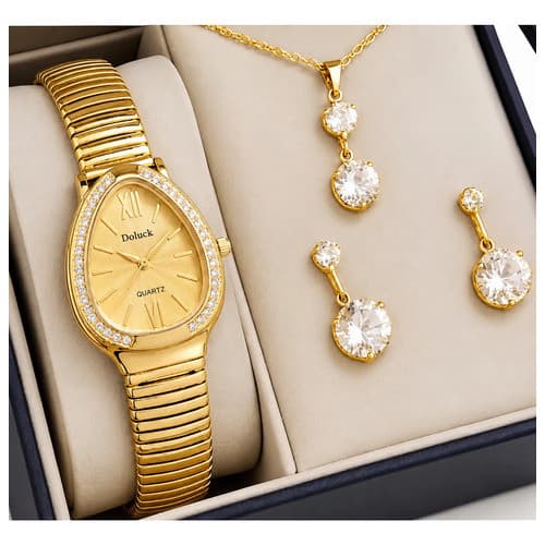 Kit Relógio Feminino Dourado Doluck Com Colar E Brincos Luxo