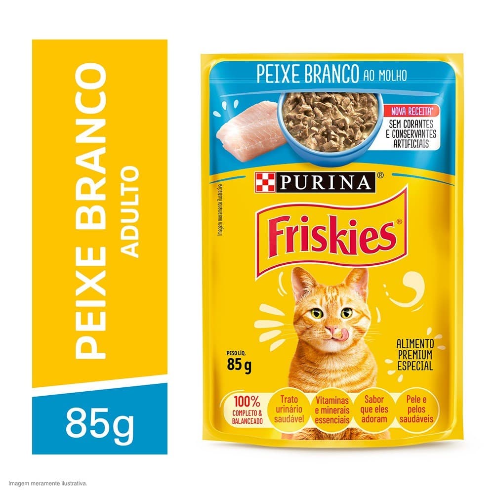 Ração Úmida Purina Friskies Sache para Gatos Adultos sabor Peixe Branco - 85g