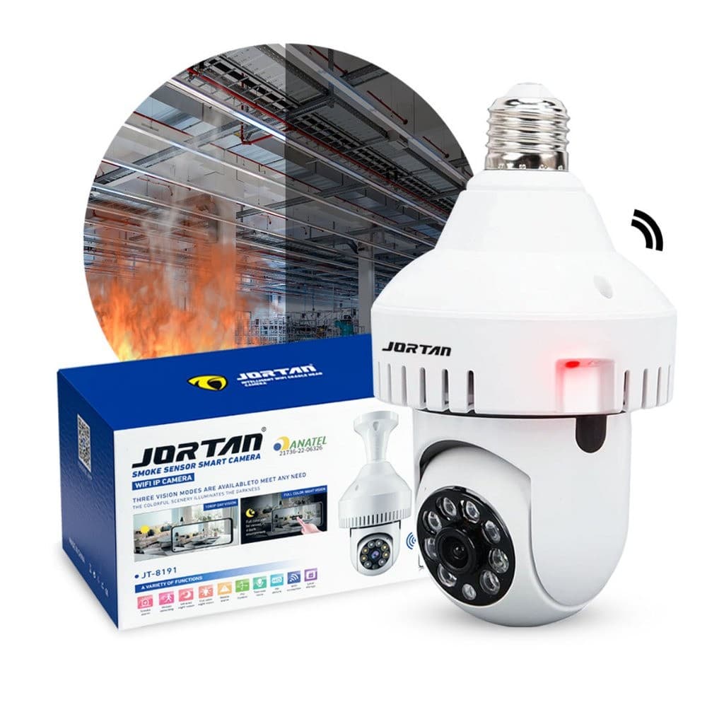 Câmera Segurança Ip Wifi 360 Lâmpada Full HD Detector Fumaça Jortan Auto Tracking Visão Noturna