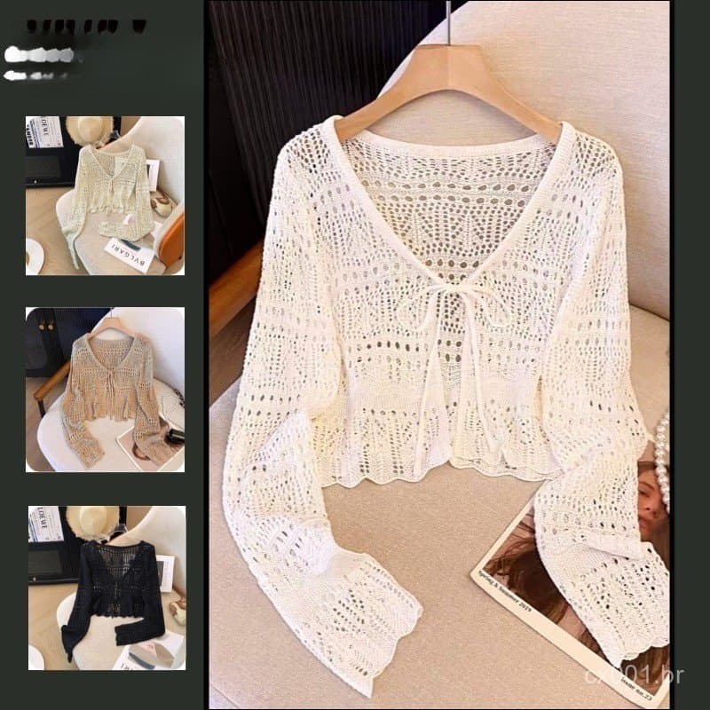 Cardigan De Malha Protetor Solar Vazado Primavera Verão Fino Manga Comprida Top Curto