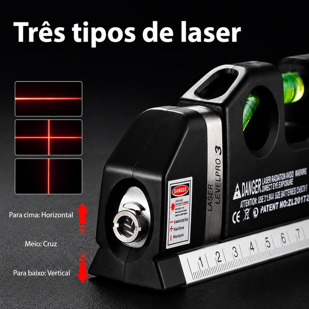 Nível Laser Multifuncional com Trena e Bolhas de Nível para Medição e Alinhamento