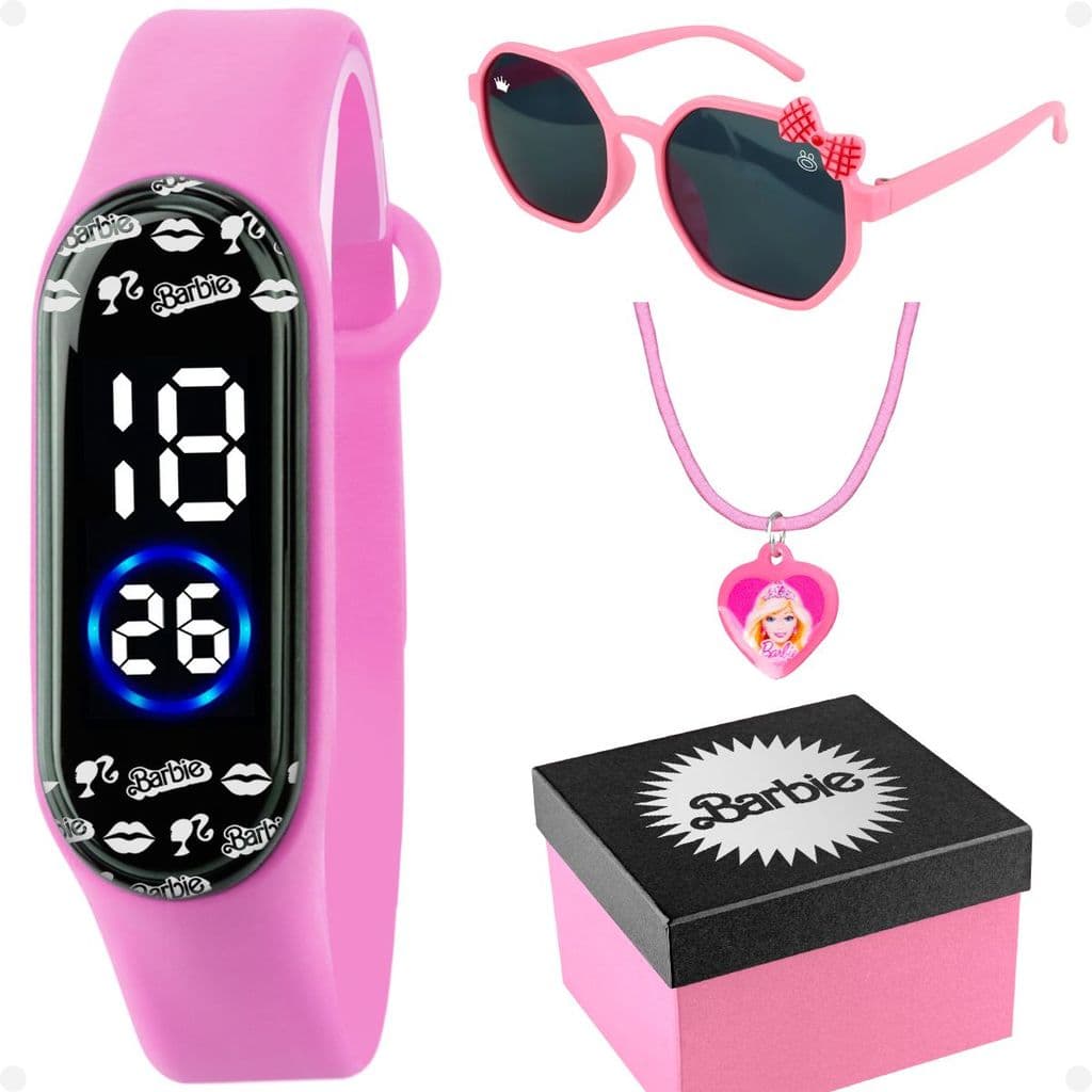 Relogio Digital Infantil Barbie Rosa + Caixa + Oculos Sol