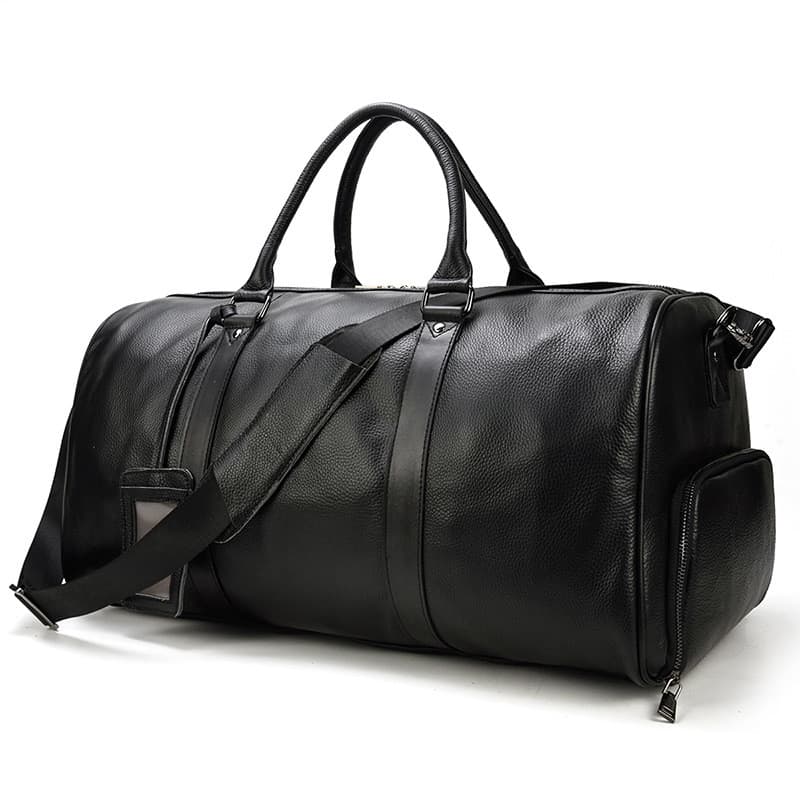 Bolsa de viagem masculina de couro genuíno, bolsa preta para academia, posição de sapato, à prova d'água, primeira camad