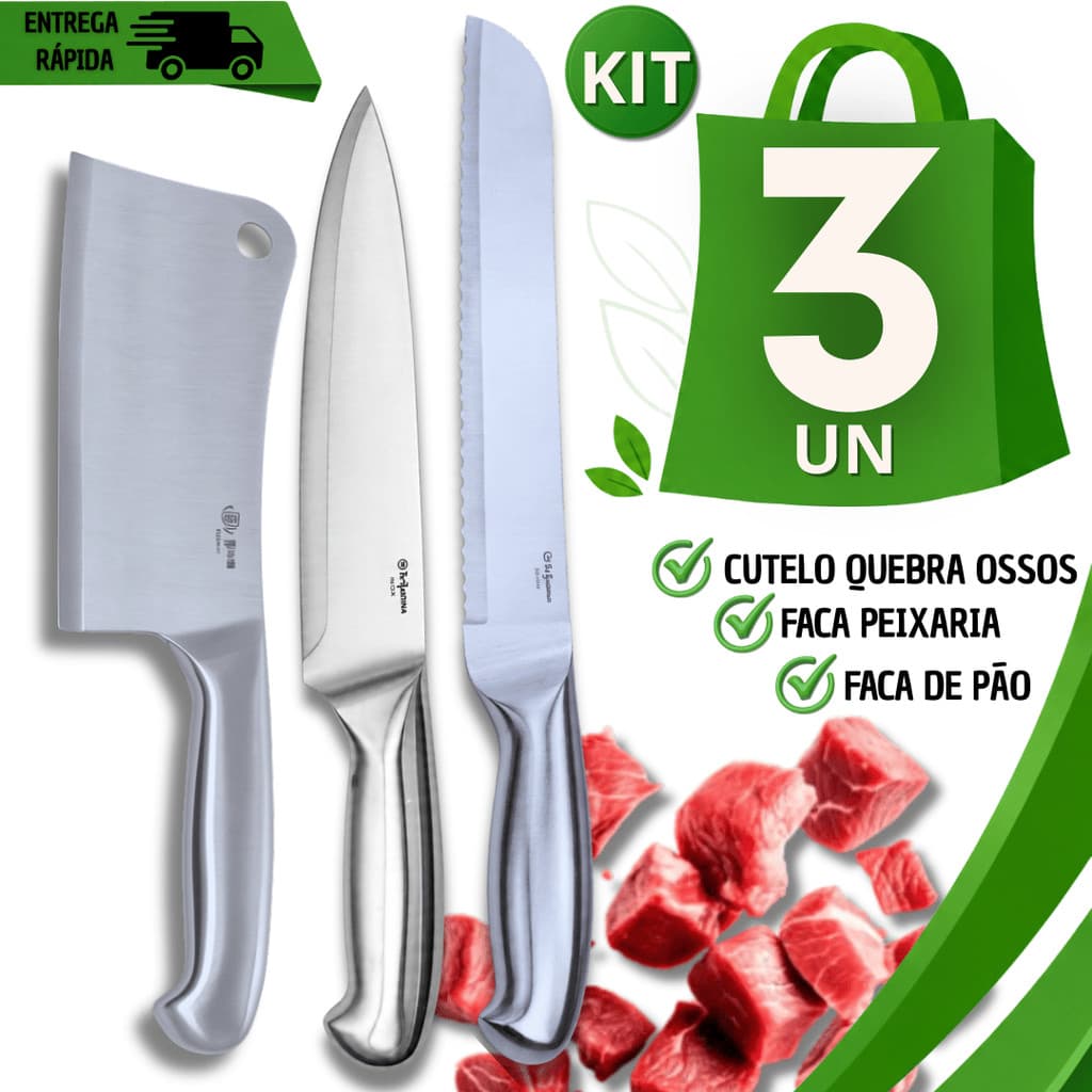 Combo Faca Cutelo 6'' +Faca Chef 7'' + Pão 8'' Aço Inox Profissional Cozinha Açougue Qualidades