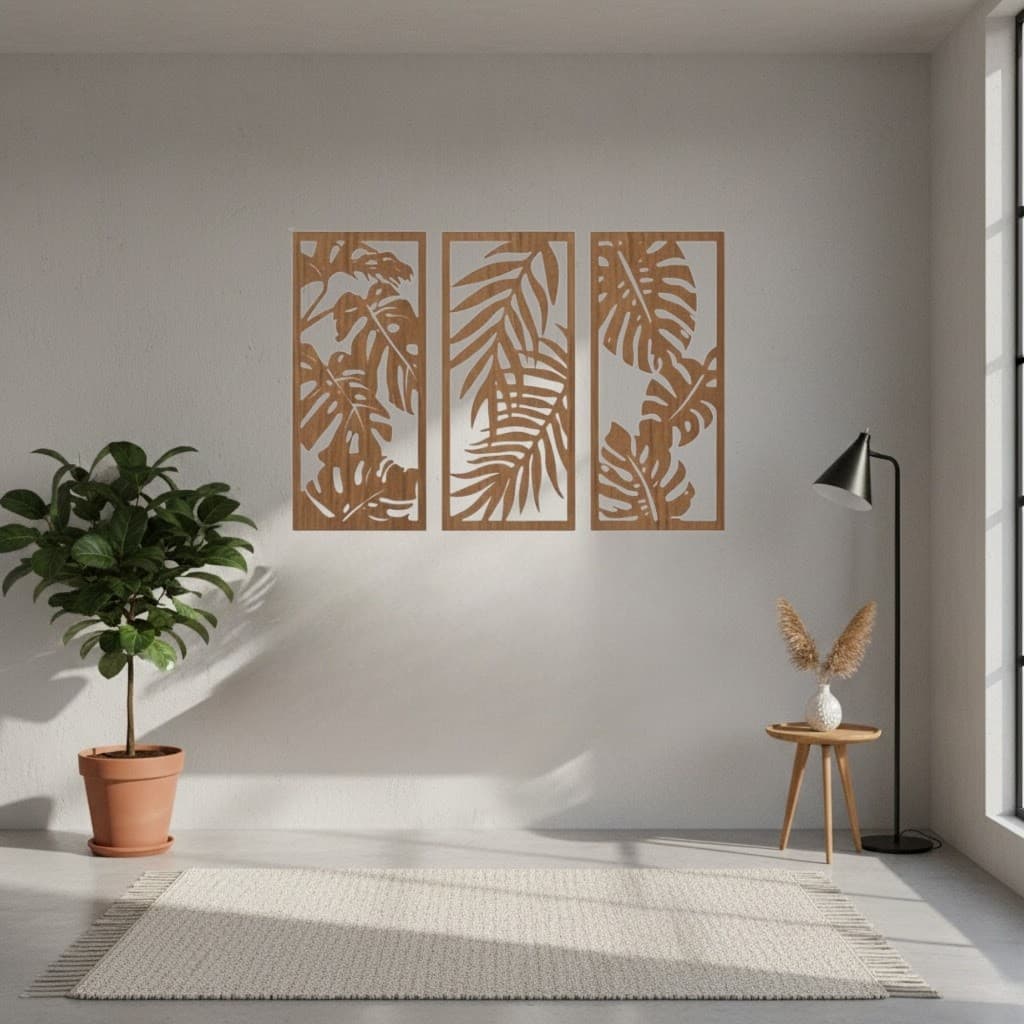 Trio de Quadros Folhagens Tropicais – Kit 3 Placas