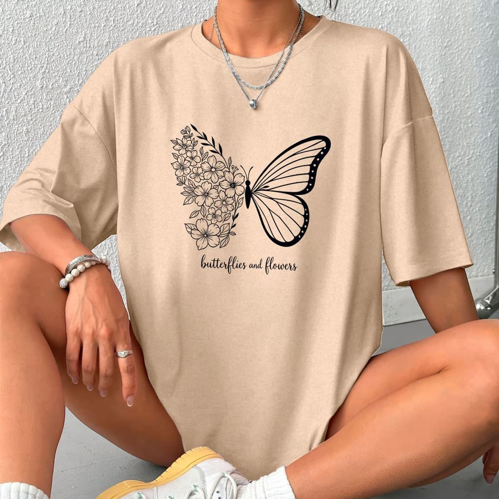 Camisetão Tipo Over Feminina Blusa Estilosa Borboleta Academia Shopping Lazer Algodão 30.1 Presente
