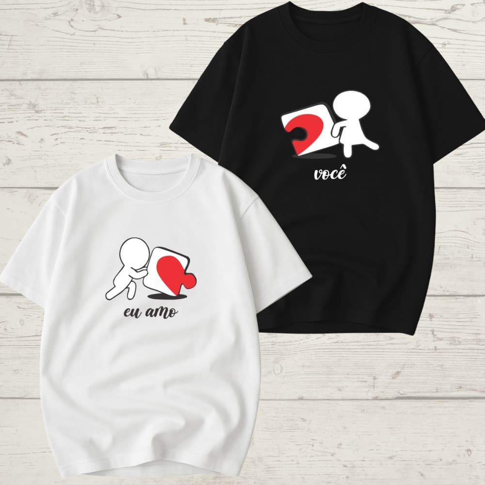 Kit 2 Camisetas Casal Algodão  Larga Quebra Cabeça Eu Amo Você Confortável, CASAL, NAMORADOS