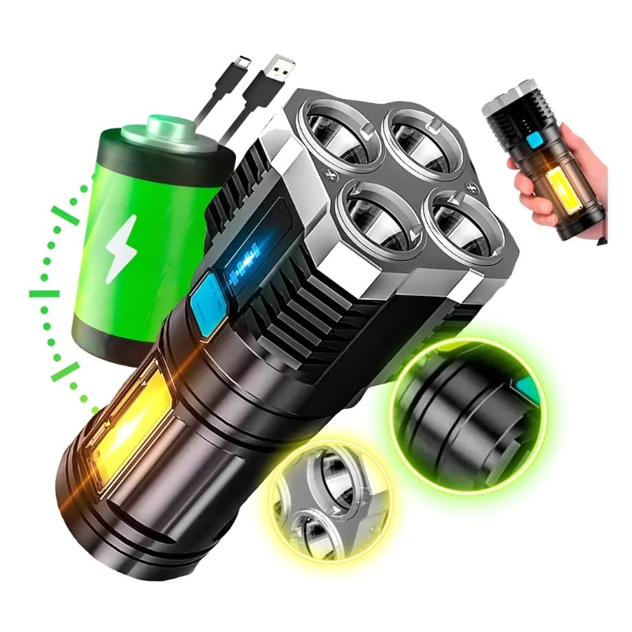 Lanterna Tática Alta Potência 7 LED + COB, USB Recarregável, Preta, 4 Modos, Alcance 500 m, Zoom, Magnética