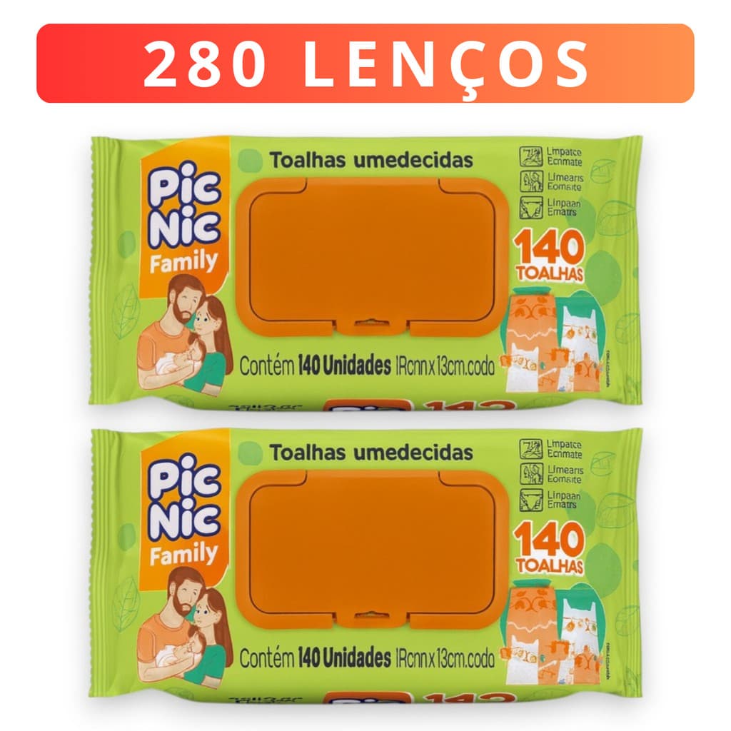 Kit 280 Lenço Umedecido Premium 2 Pacotes Pic Nic Familia Toalha Mimo Presente Bebe e Adulto