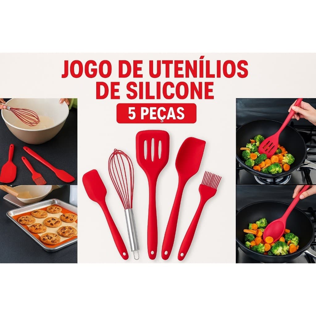 Kit Utensilios Cozinha Silicone 5 Pecas Duravel Antiadherente Colorido