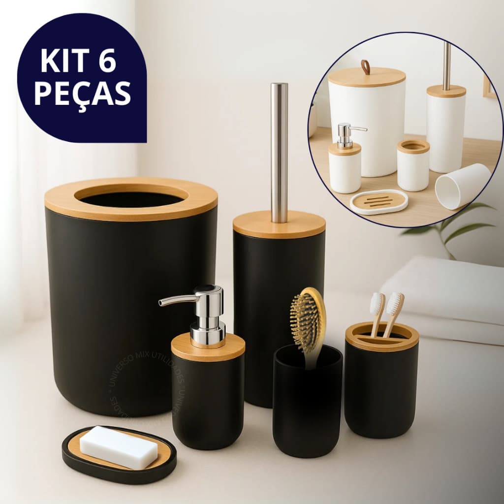 Kit de Banheiro 6PCS Preto Fosco com Detalhe em Bambu Elegante e Moderno