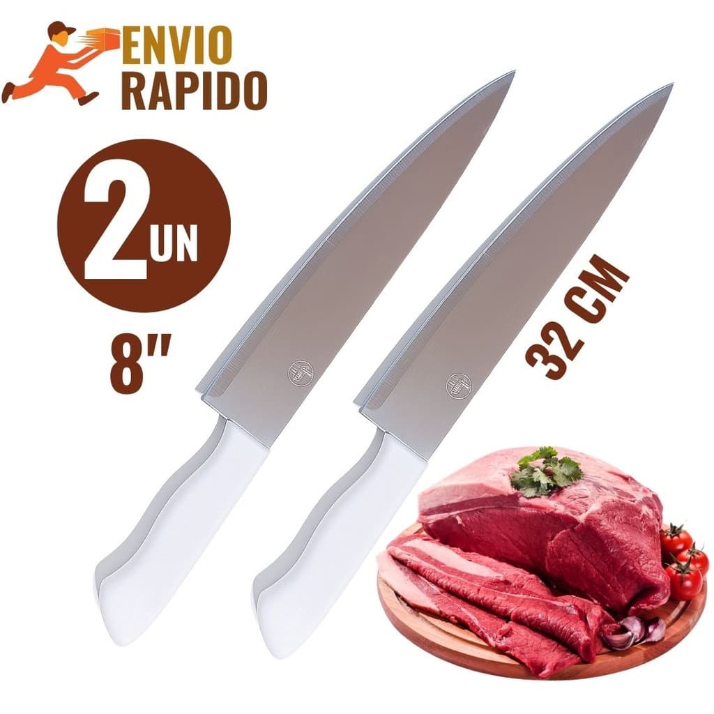 Jogo 2 Faca Peixeira Profissional 8" Inox 32cm Chef Cabo Branco Ergonômico Corte Afiado Cozinha Churrasco