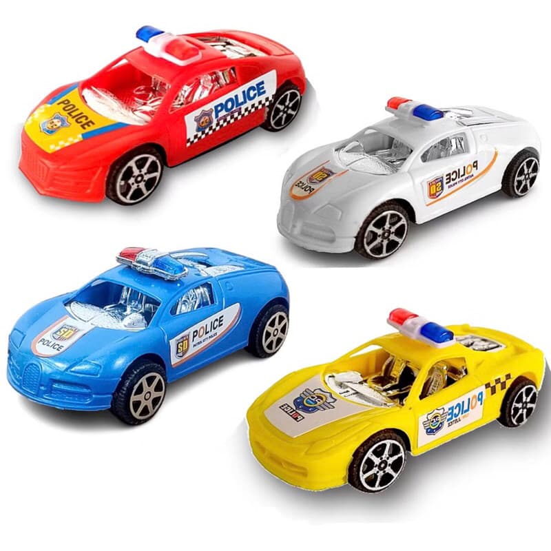 Kit com 4 Carrinhos de Fricção de policial cores branco azul vermelho amarelo