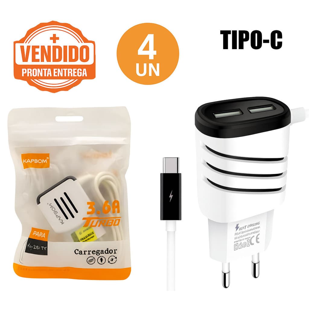 Kit 4 Carregador Celular Turbo 3.6A Tipo-C Rápido Turbo Bivolt Portátil P/ Smartphones e Tablet