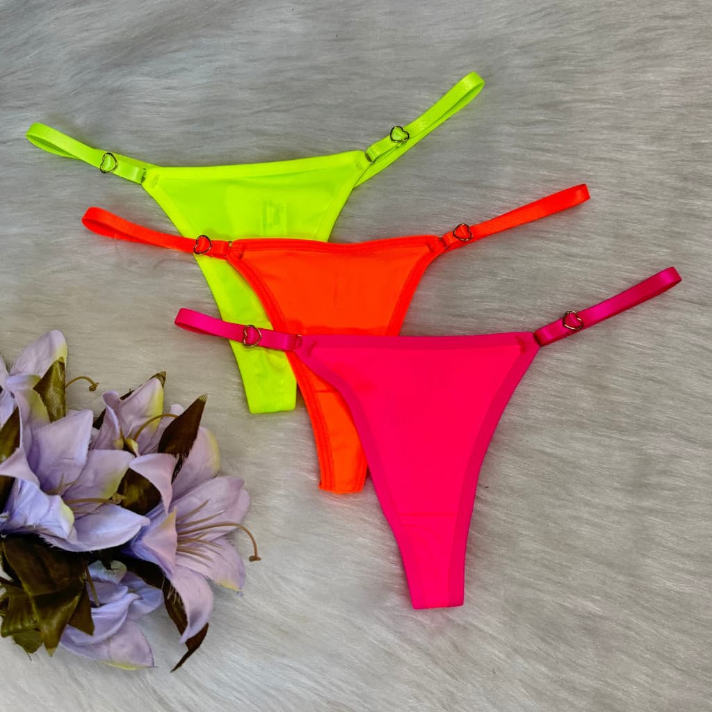 Kit 03 Tanga Neon Fio Dental Duplo String com Alças Reguláveis Coração Kesia