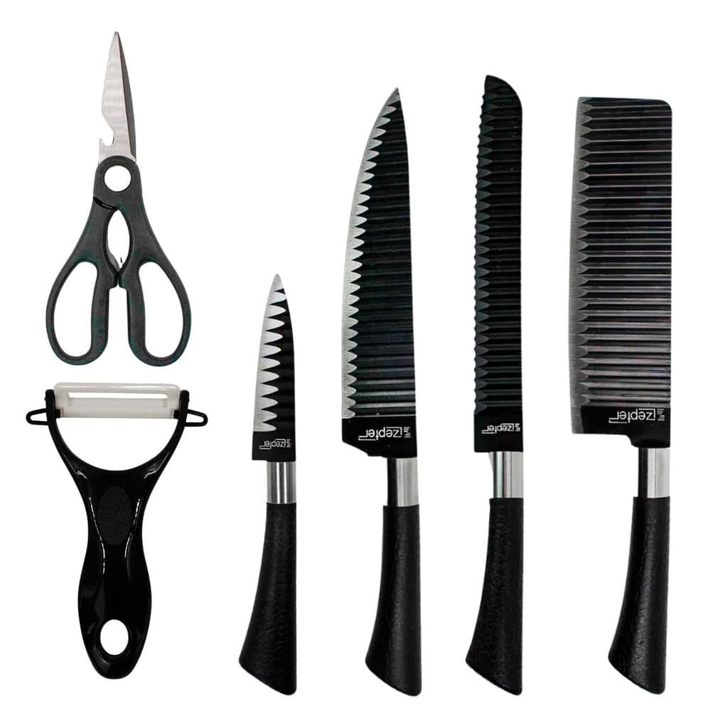 Conjunto Completo de Facas e Tesoura Aço Inox Preto Cozinha