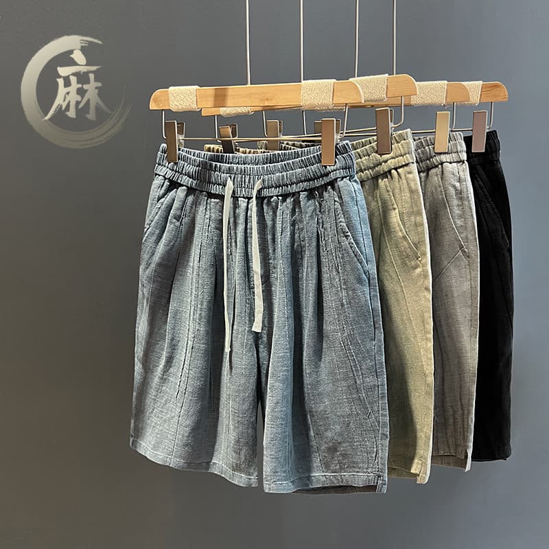 High-End Lyocell Tencel Shorts de Linho Calças de Praia Masculinas Verão Calças Médias de Cinco Pontos Soltas Calças Gra