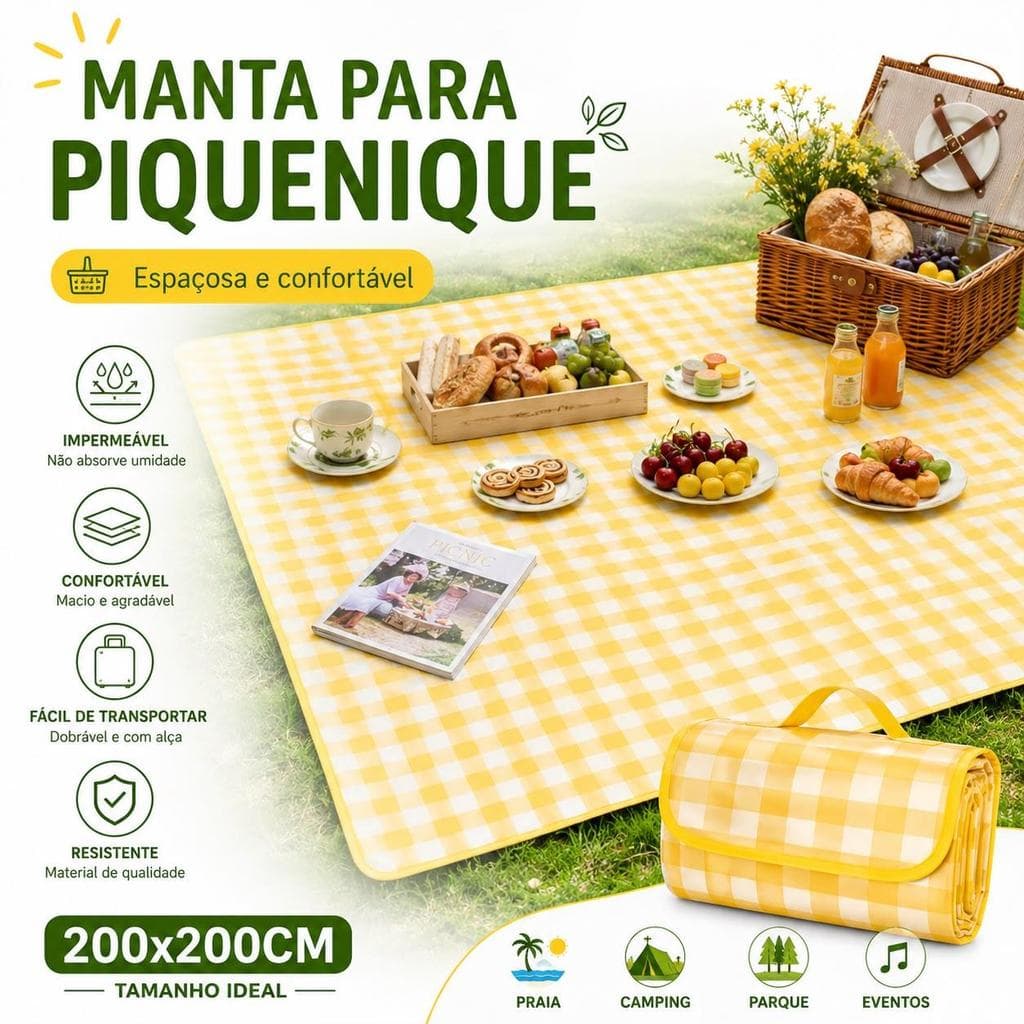 Manta para Piquenique Impermeável 200x200cm – Dobrável, Resistente e Fácil de Transportar