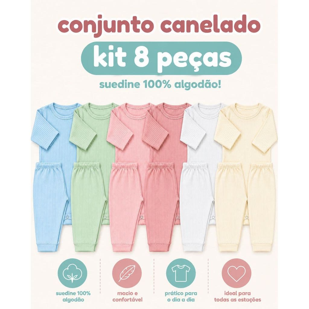 Kit 8 Peças Conjunto Canelado Bebê Infantil Menino Menina Manga Longa Body + Calça Algodão Macio Unissex Enxoval