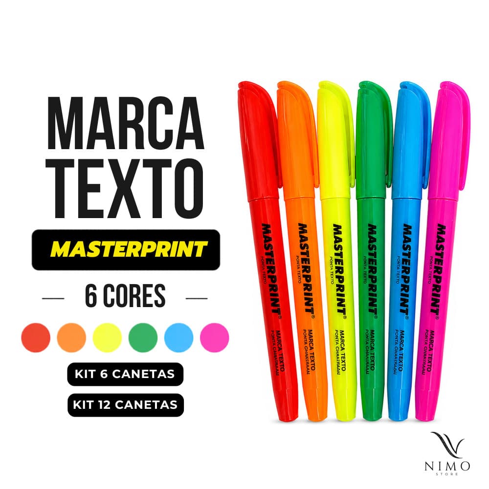 Caneta Marca Texto Neon Masterprint - Kit 6 e 12 unidades - Amarelo/Verde/Laranja/Rosa/Azul/Vermelho