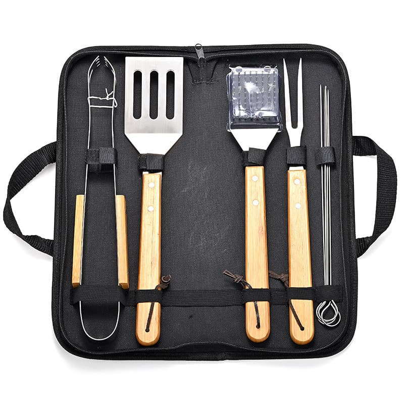 Conjunto de ferramentas de churrasco de aço inoxidável personalizado acampamento ao ar livre portátil alça de madeira ga