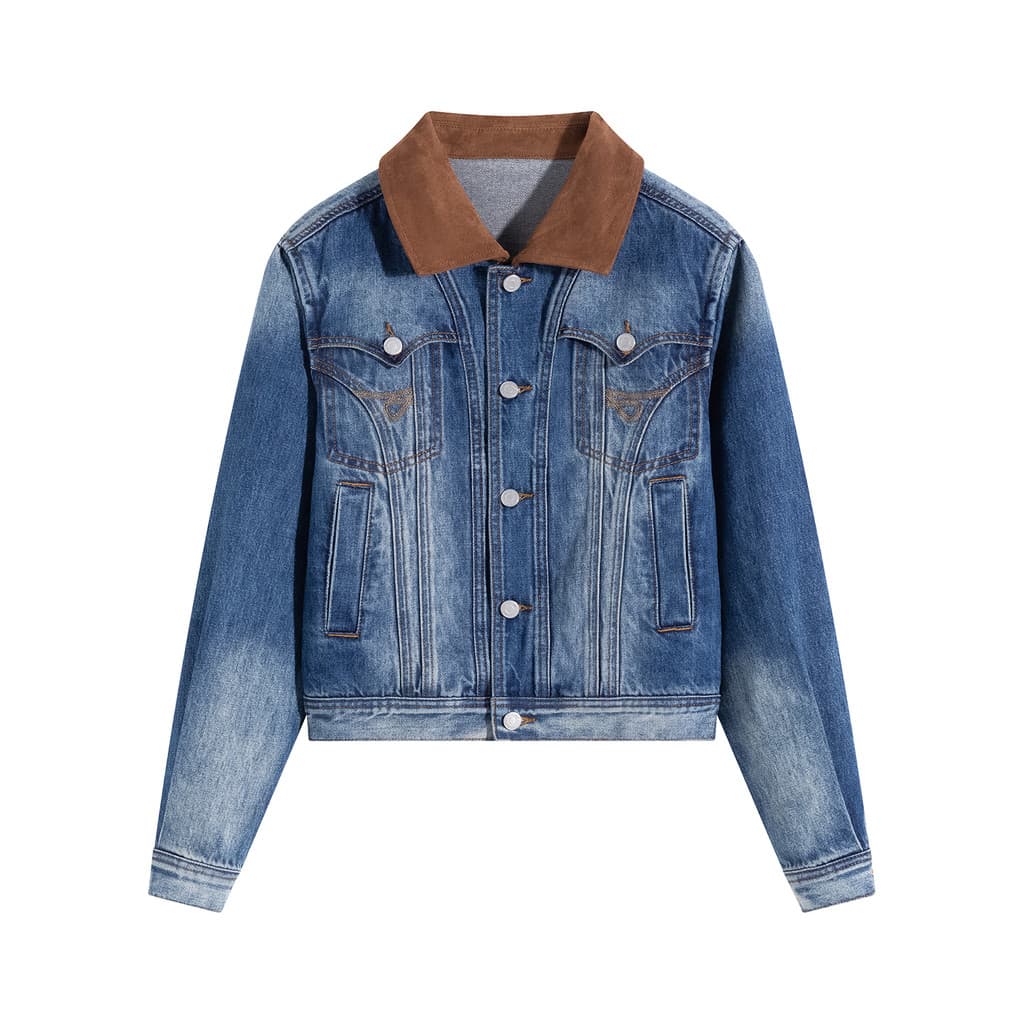 Casual jaqueta curta primavera feminina lapela manga longa Denim topo feminino estilo rua gola camurça Retro jaqueta cur