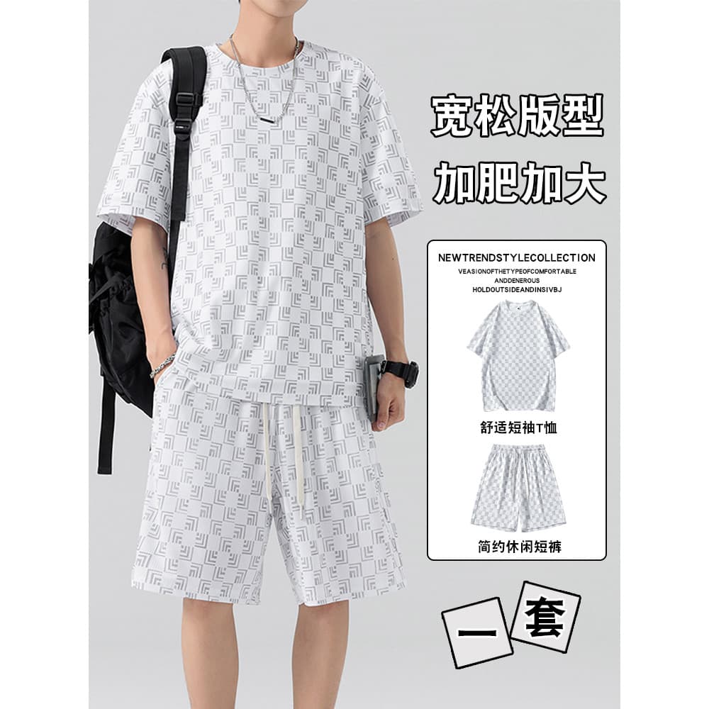 150kg terno esportivo masculino com estampa completa juventude Casual solto mais gordura plus Size Shorts de manga curta