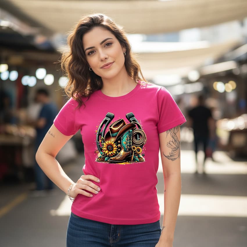 Camiseta T Shirt 100% Algodão Estampa Ferradura Country Com Acessorios Envios Imediatos