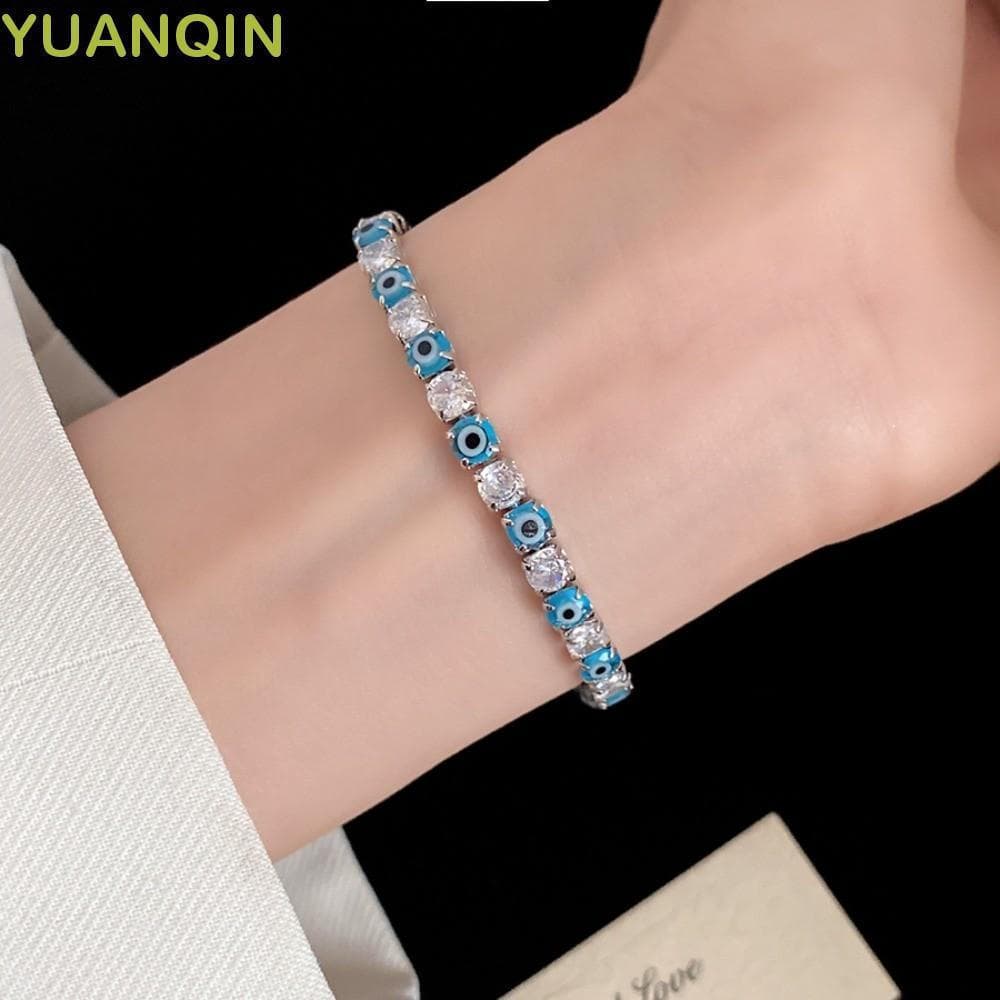 YUANQINZT Pulseira De Olho Do Diabo Com Strass , Redonda Azul/Vermelho Esmalte , Zircônia De Cobre