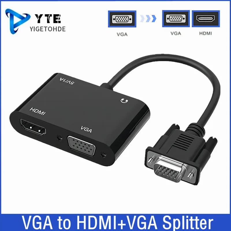 Adaptador Divisor VGA para VGA+HDMI Compatível com Conversor de Áudio e Vídeo de 3,5 mm, Suporta Dupla Exibição para PC,