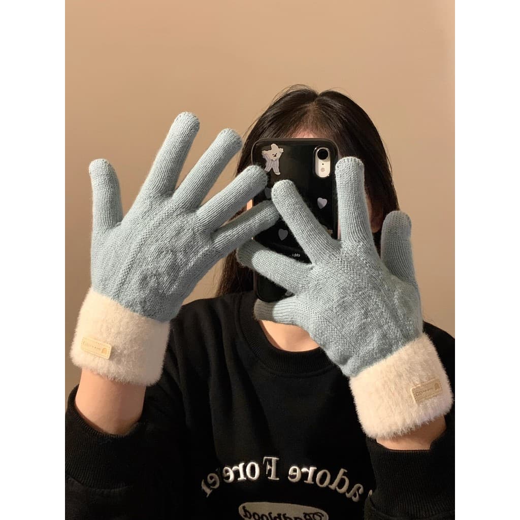 Inverno luvas quentes feminino bonito pelúcia malha luvas de cinco dedos engrossado à prova de frio estudante Cyc