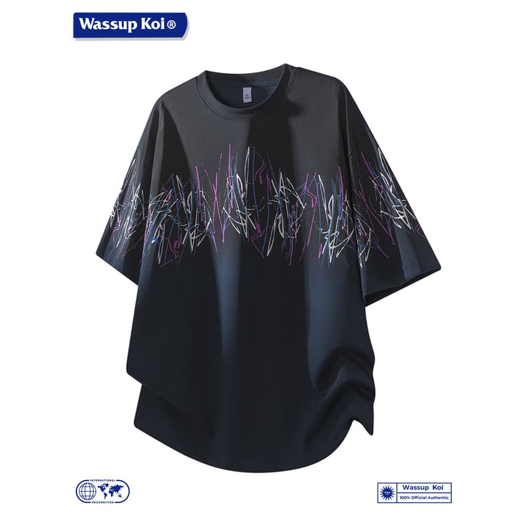 WASSUP KOI Camiseta masculina de manga curta estilo rua estampada solta respirável na moda Top redondo pescoço diário 26