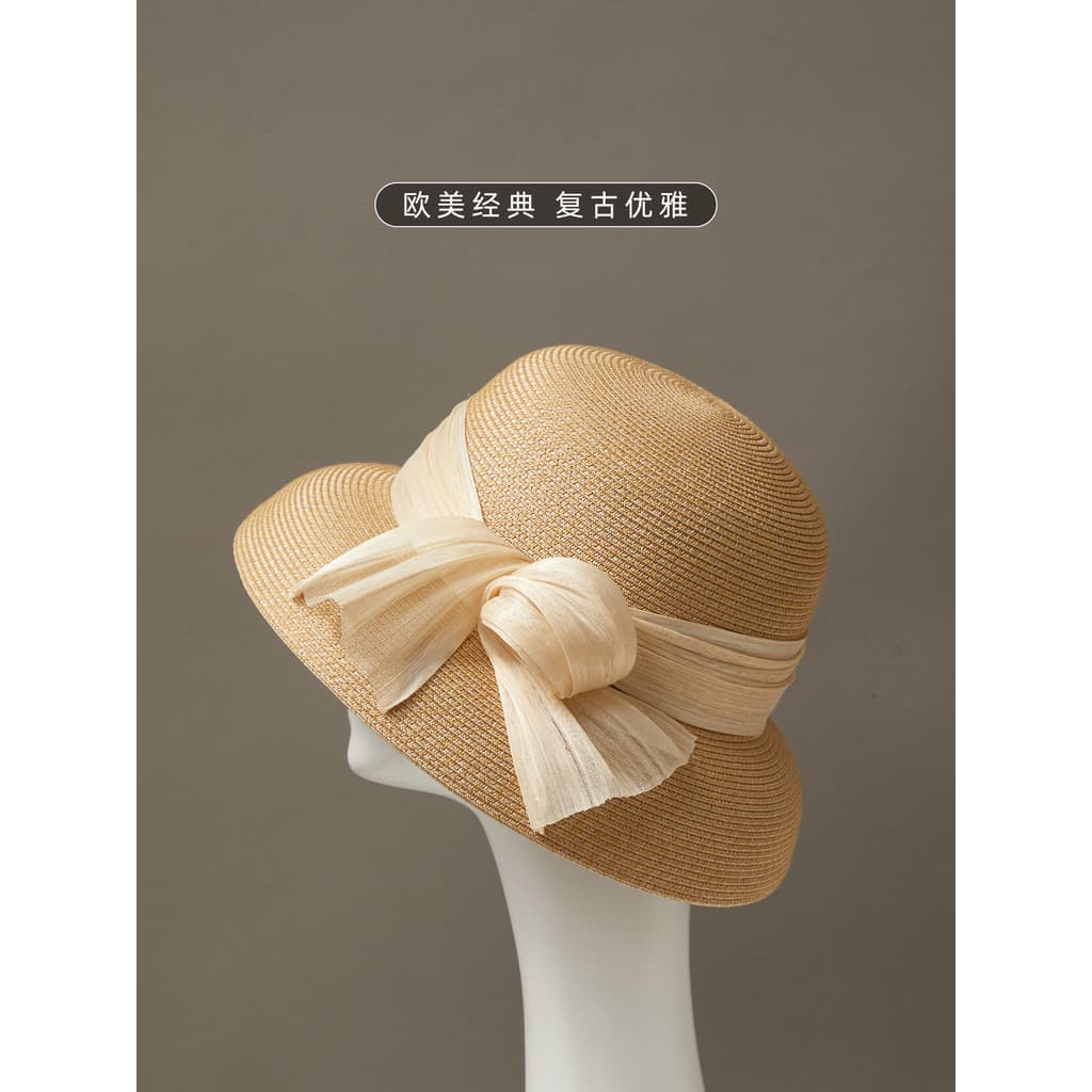 Chapéu de palha de verão feminino francês High-End artesanal fio de cânhamo Retro Hepburn estilo balde chapéu de aba lar