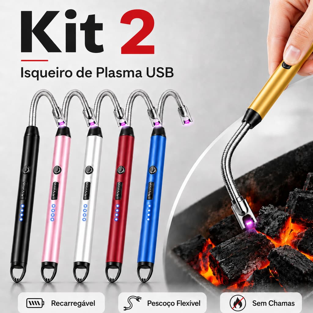 Kit 2 Acendedor Eletrônico Plasma Isqueiro USB Recarregável Ecológico Vela Fogão Camping