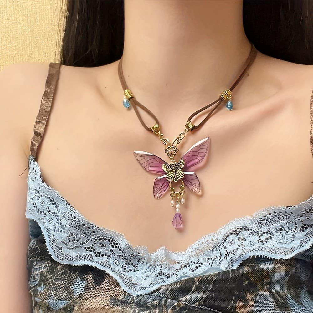 1 peça de colar feminino estilo boêmio vintage, pingente de borboleta em resina com cordão de couro marrom, joia de moda