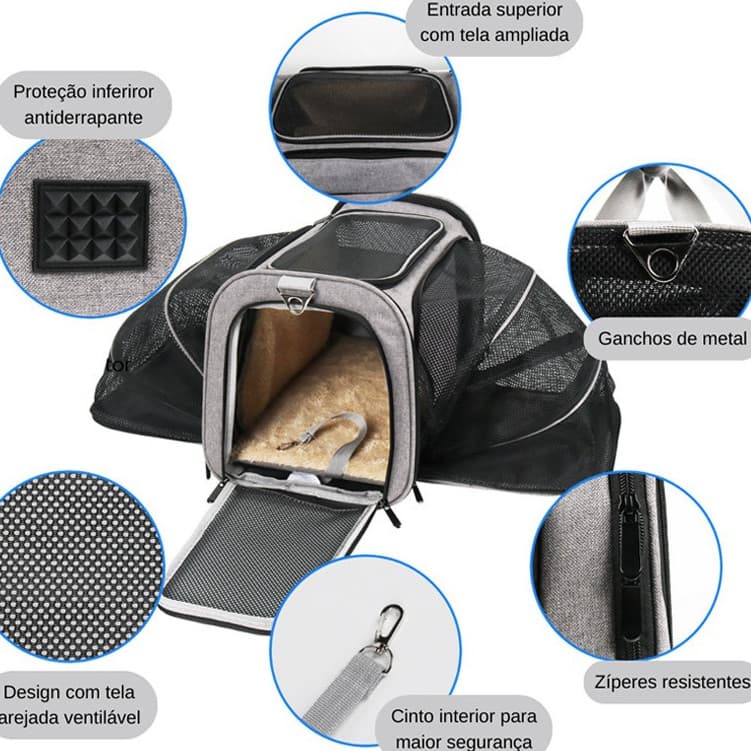 Bolsa Pet Expansível Transporte Viagem Avião Cabine Cachorros e Gatos Carro Pet Bag Caixa Cinza