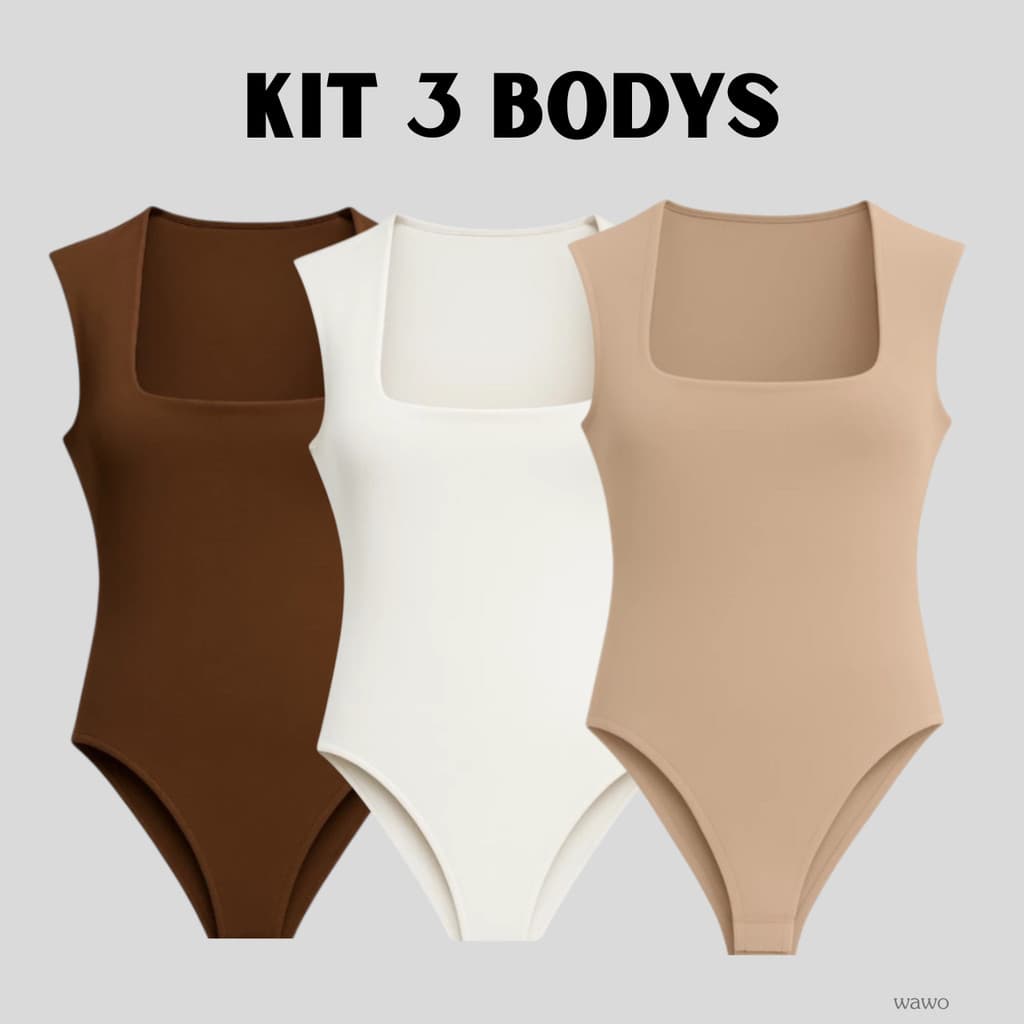 Kit 3 Body Feminino  Decote Quadrado Suplex Alfa Larga Preto Marrom P M G GG Slim Plus Size Collant Justo Moda Feminina