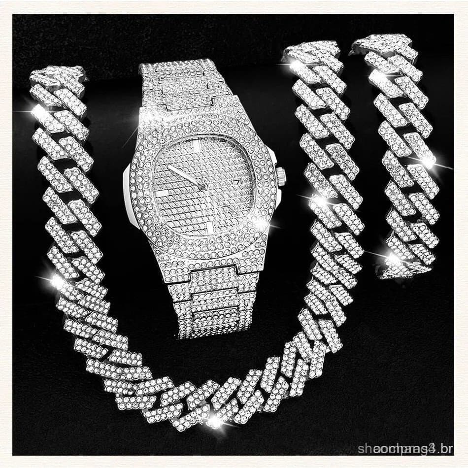 Relógios Masculinos Corrente Cubana De 15mm Hip Hop Jóias Colar De Prata Pulseira De Diamante Kit Masculino