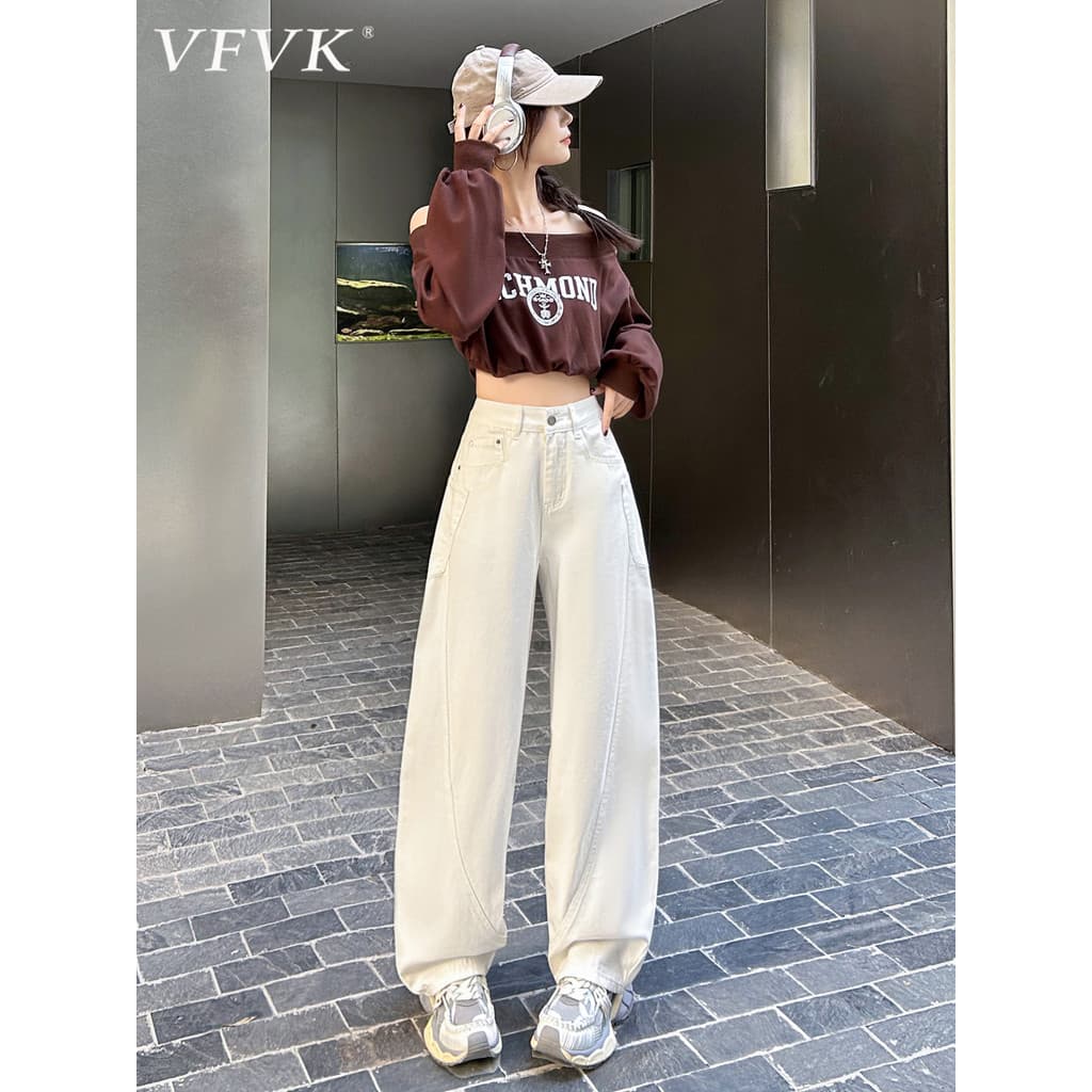 Vfvk Calça Jeans branca de perna larga feminina 2026 novo Design Casual calça foice solta estreita calça reta feminina