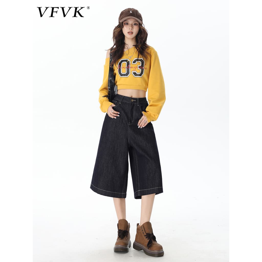 Vfvk Denim azul cortado Jeans feminino verão novo estilo pequeno estilo americano mais magro olhar calças de perna larga