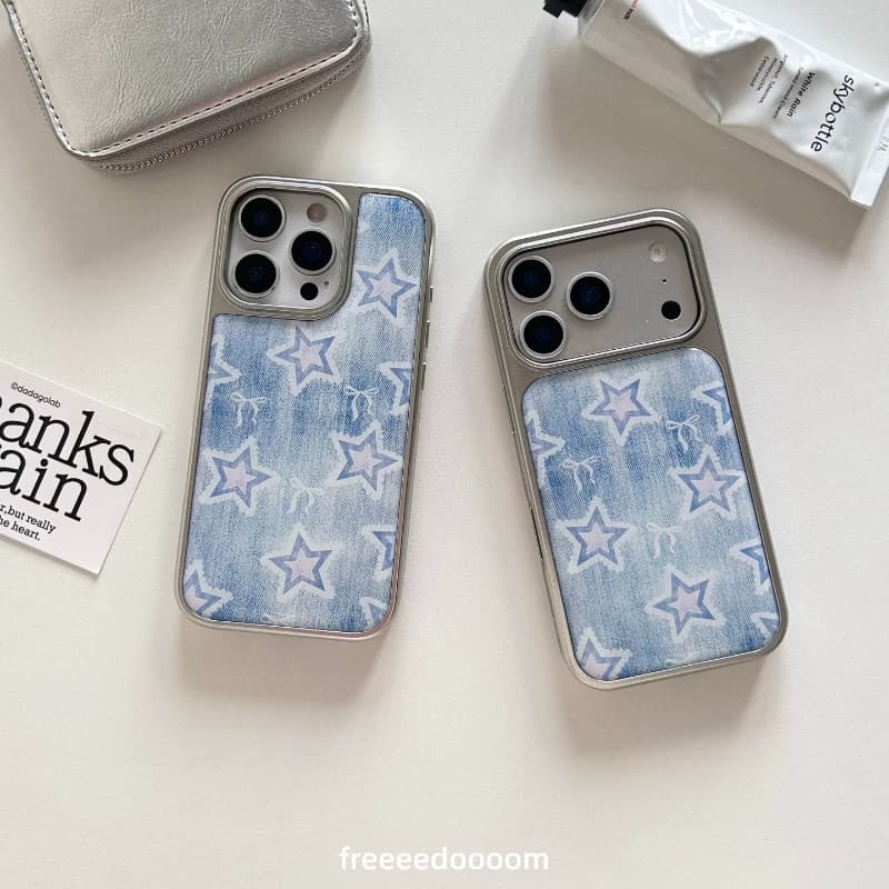 Huiwanju denim Padrão Estrela Arco Para iPhone17promax Apple 16 Caso Do Telefone Móvel 15/14/13 Chapeamento De Prata Qua