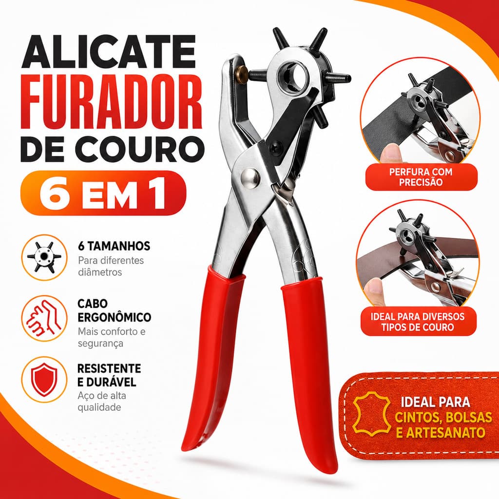 Alicate Furador Vazador Manual de Chinelo Teciados Couro Cinto Eva Papel 6 Medidas Furos